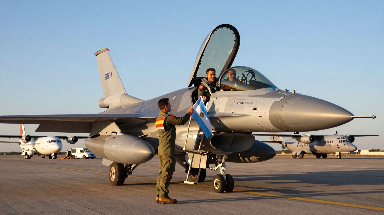 Dois pilotos em uniforme ao lado de um caça militar estacionado em pista de aeroporto ao entardecer.