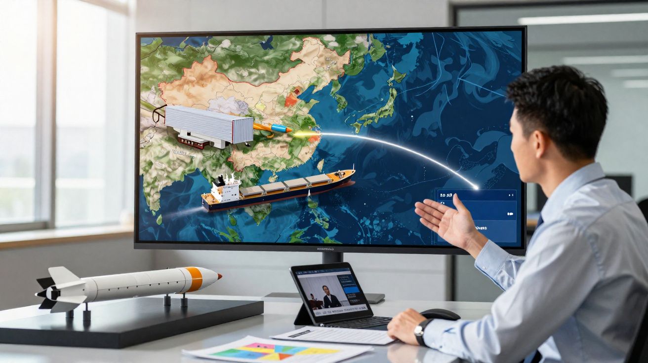 Homem apresenta estratégia de logística com mapa, navio, caminhão e trajeto em tela grande na mesa de escritório.