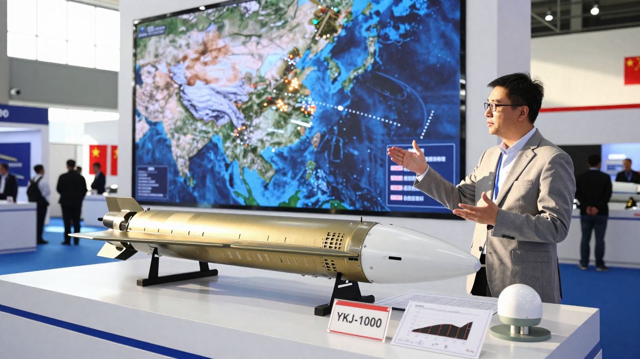 Homem apresenta modelo de míssil YKJ-1000 em exposição com mapa digital ao fundo.