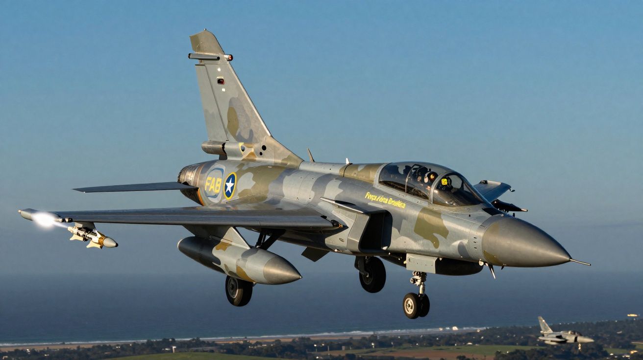 Caça militar da Força Aérea Brasileira com camuflagem cinza e verde voando sobre o mar.