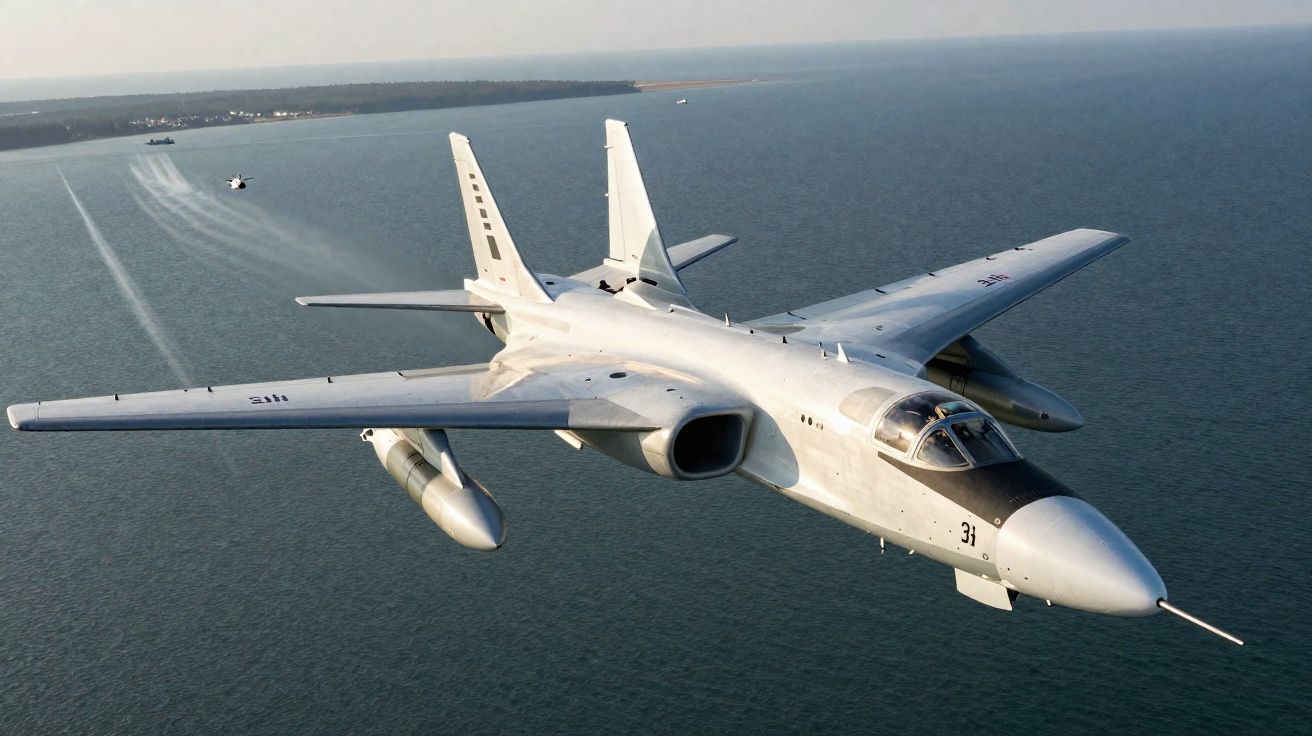 Avião militar em voo baixo sobre o mar com costa ao fundo e outra aeronave à distância.