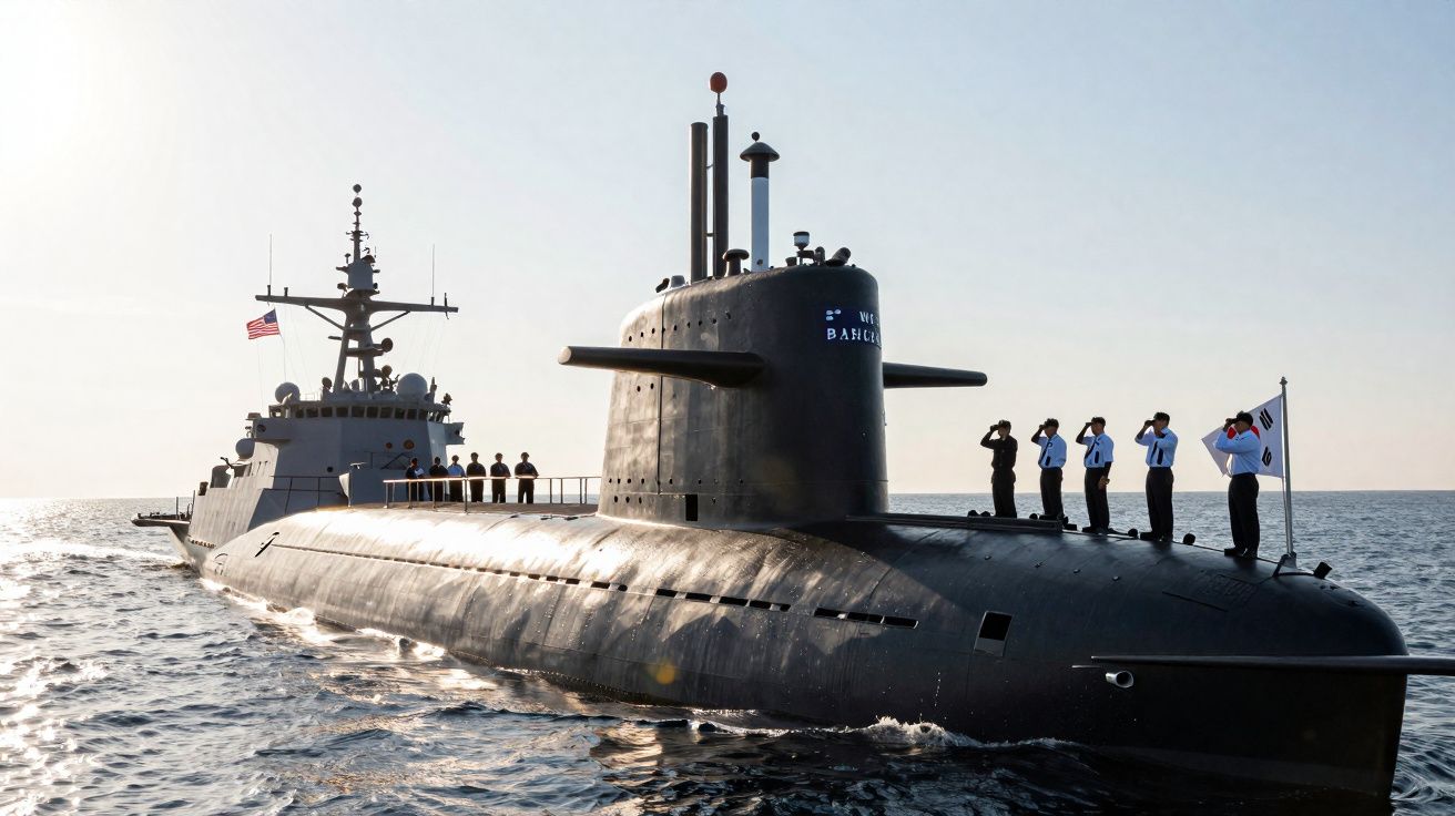 Submarino militar com tripulação em posição de respeito no convés, navegando em mar calmo ao pôr do sol.