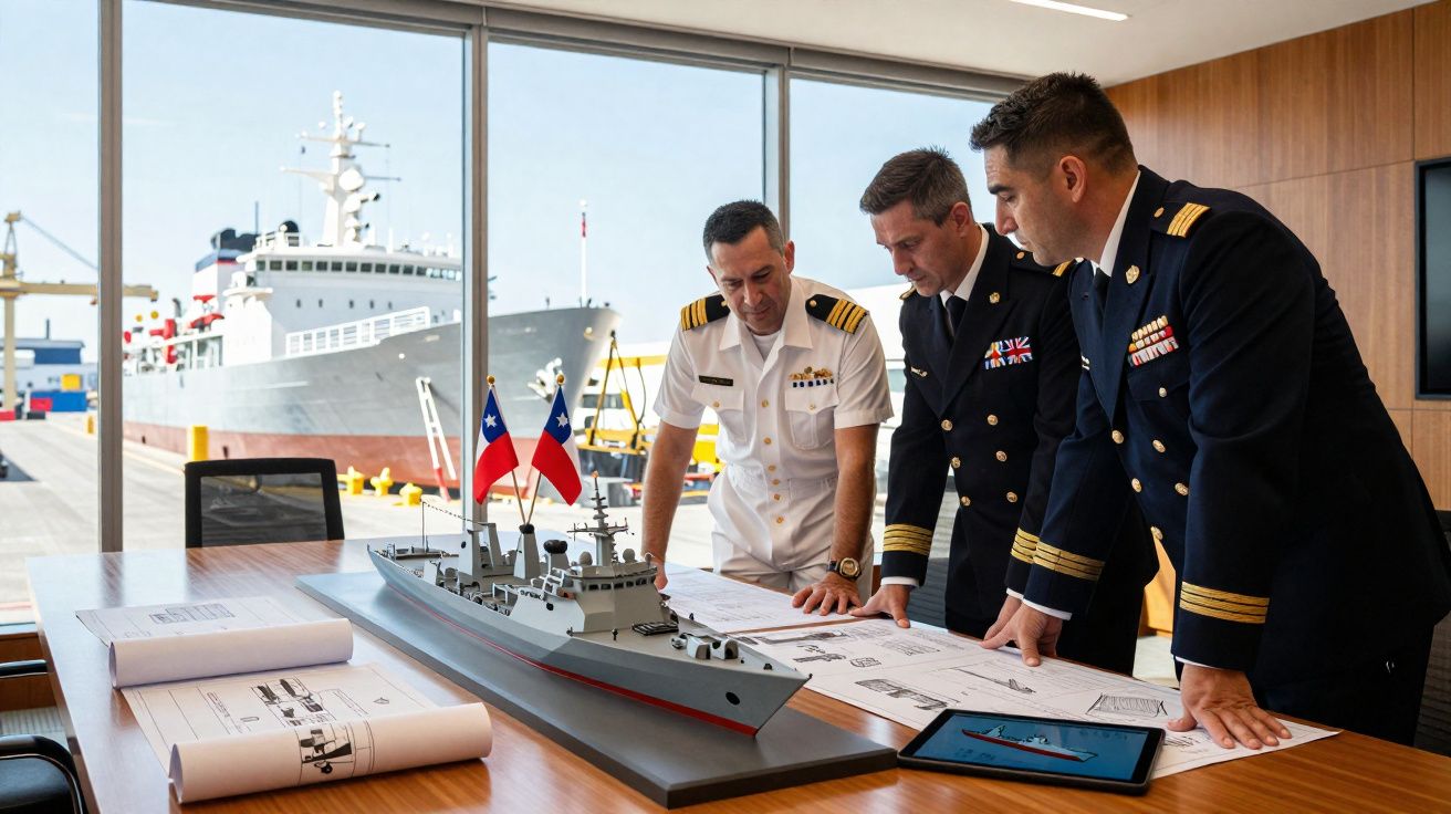 Três oficiais militares analisam plantas ao redor da maquete de um navio em sala com vista para o porto.