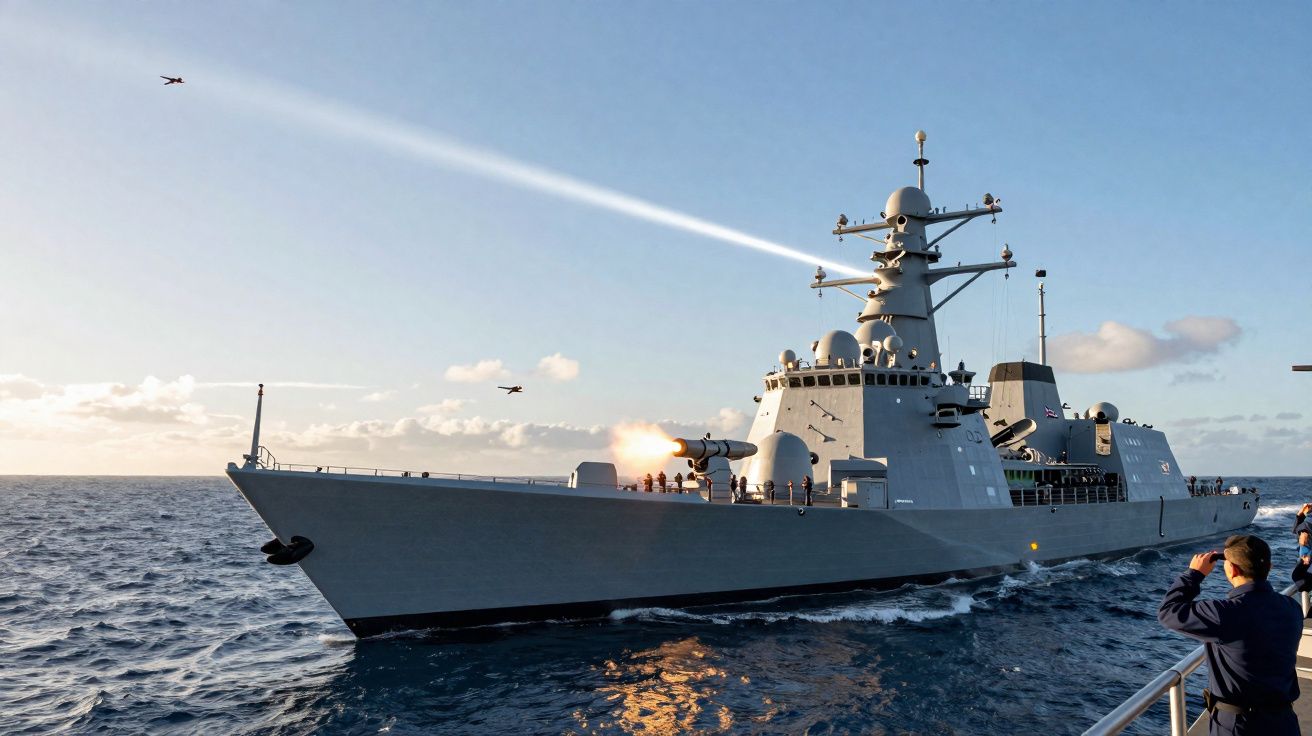 Navio de guerra cinza navegando em mar calmo durante o dia com pessoas observando o disparo de um canhão.