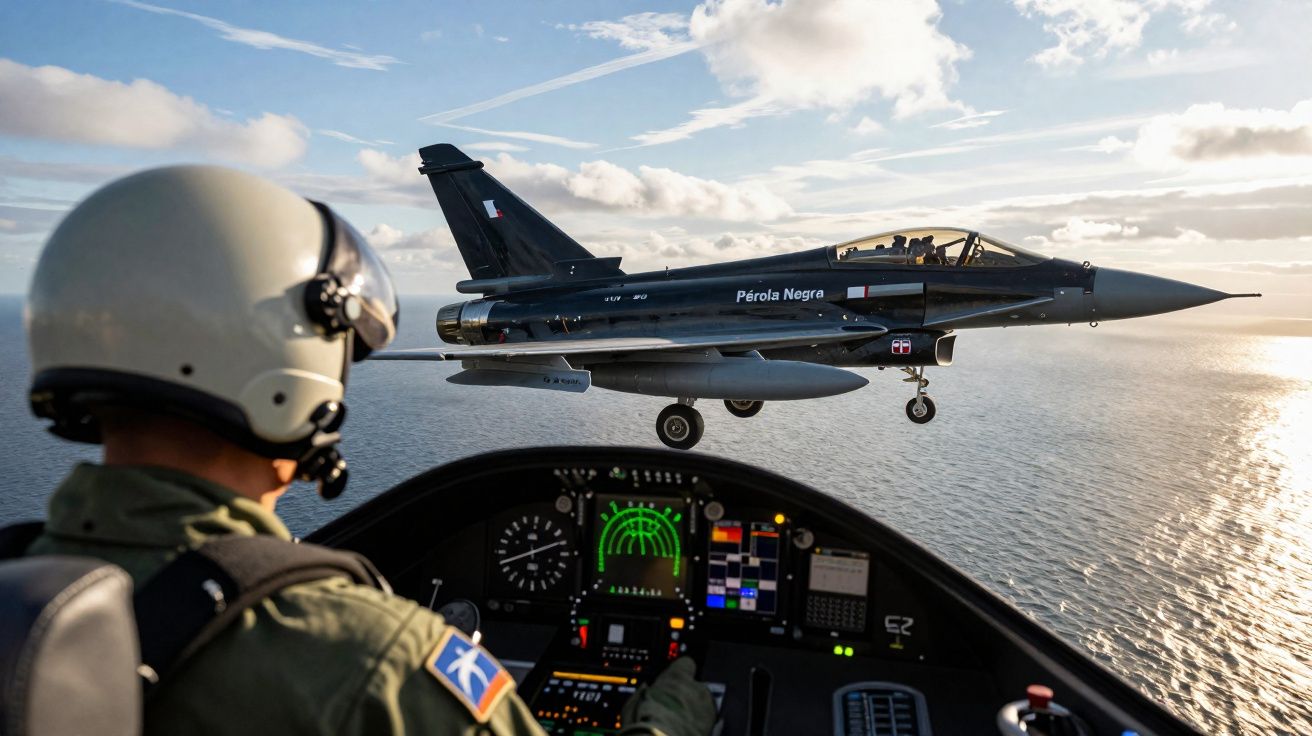 Piloto dentro de caça observa avião militar preto "Pérola Negra" voando sobre o mar ao pôr do sol.