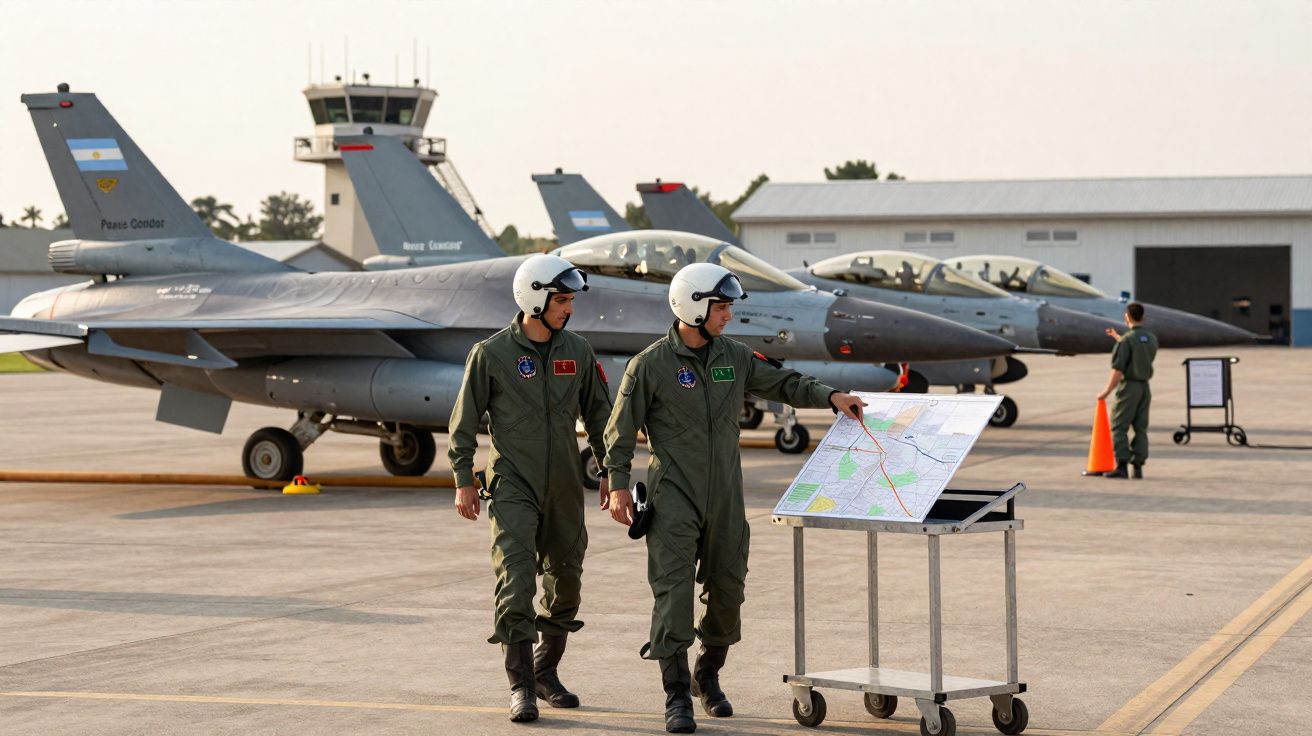 Dois pilotos militares com capacetes revisam mapa ao lado de jatos estacionados em base aérea durante o dia.