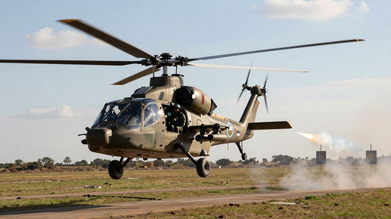 Helicóptero militar de ataque em voo baixo sobre pista com disparo de míssil ao fundo.
