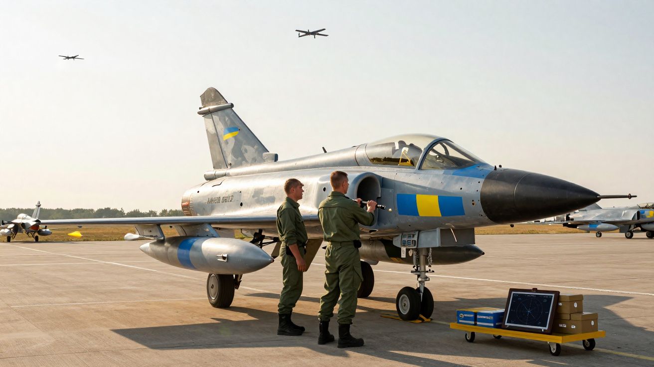 Dois militares próximos a caça Mirage 2000 com drones voando ao fundo em aeroporto militar.