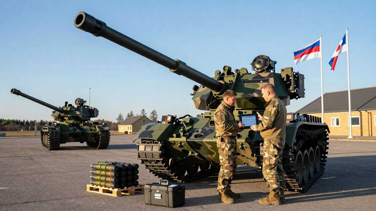Dois soldados em uniformes camuflados ao lado de tanques de guerra verdes e equipamentos militares.