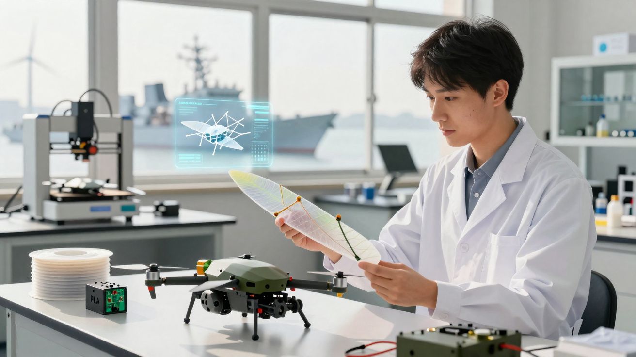 Jovem cientista em laboratório com modelo de drone e holograma de drone futurista.