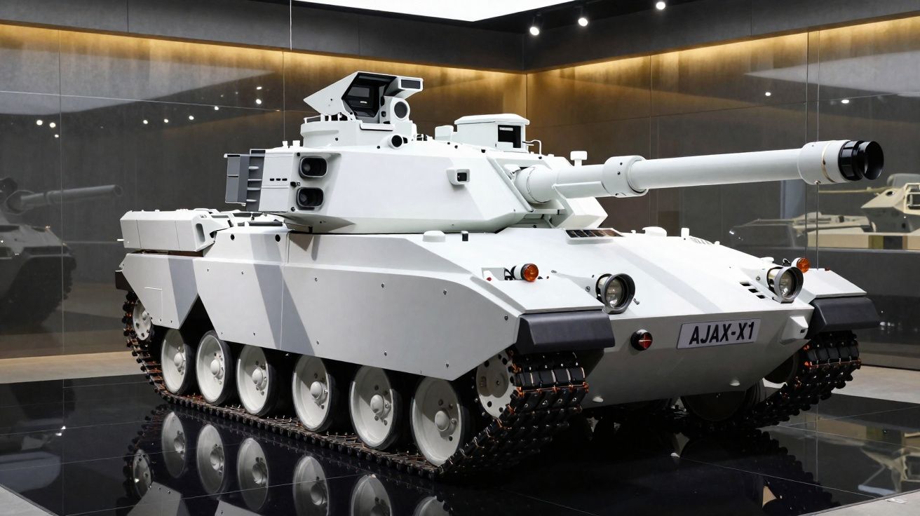 Tanque de guerra futurista branco com esteira e canhão exibido em exposição.
