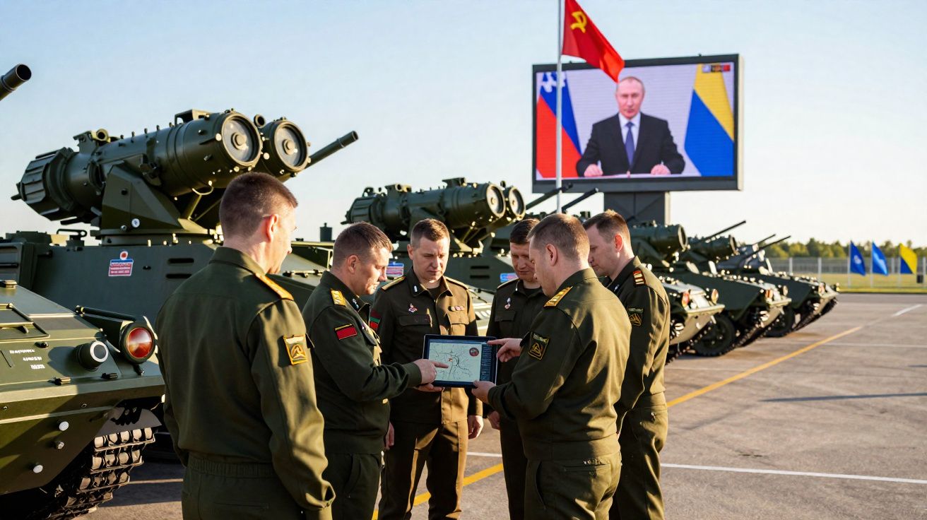 Militares em uniformes discutem documento em frente a veículos blindados, com tela exibindo discurso de líder e bandeiras.