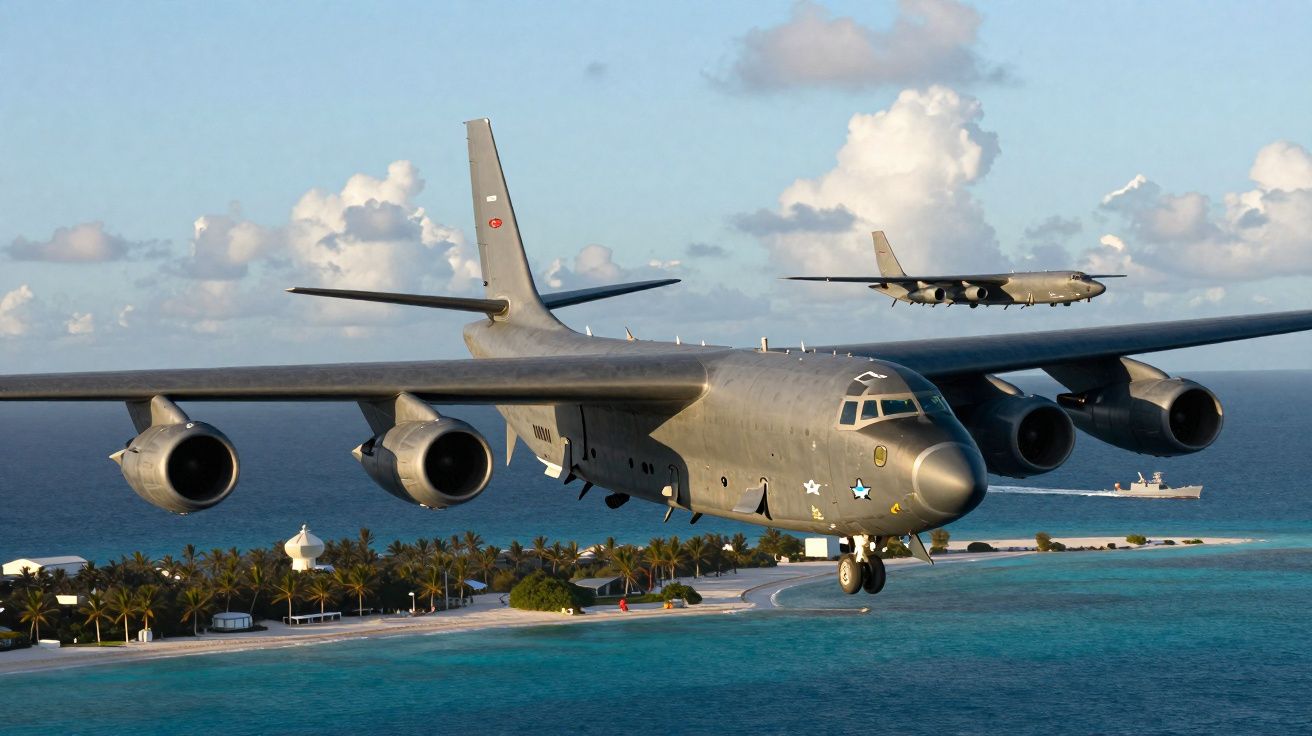 Aviões militares sobrevoando ilha tropical com mar azul e céu parcialmente nublado ao fundo.