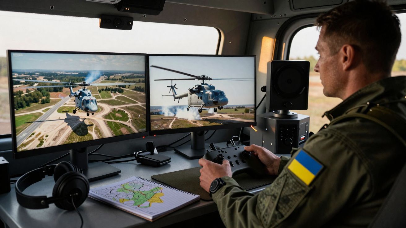 Homem com uniforme militar e bandeira da Ucrânia operando drone de helicóptero em estação com dois monitores.
