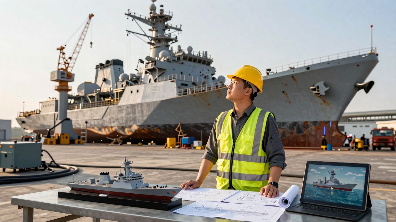 Engenheiro naval com capacete e colete refletivo avalia modelo e plantas de navio militar em porto.