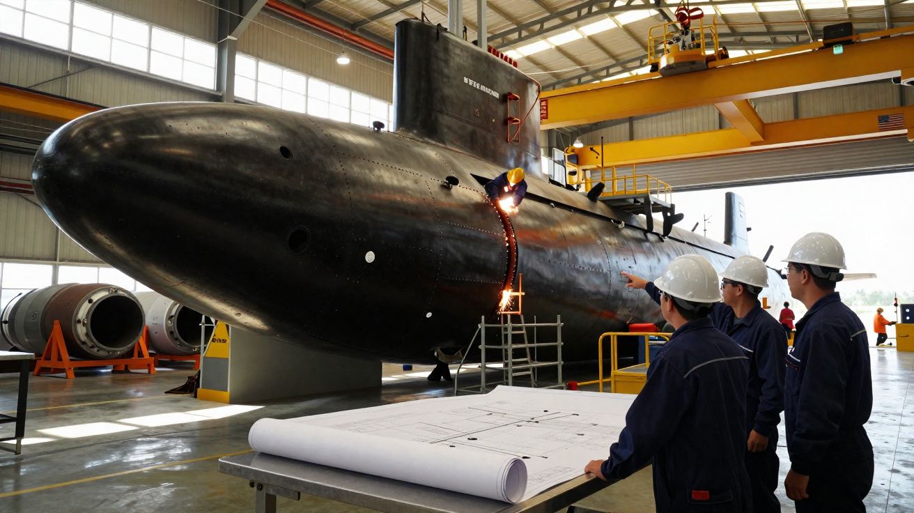 Submarino preto em manutenção em estaleiro com trabalhadores usando capacetes e análise de planta técnica.