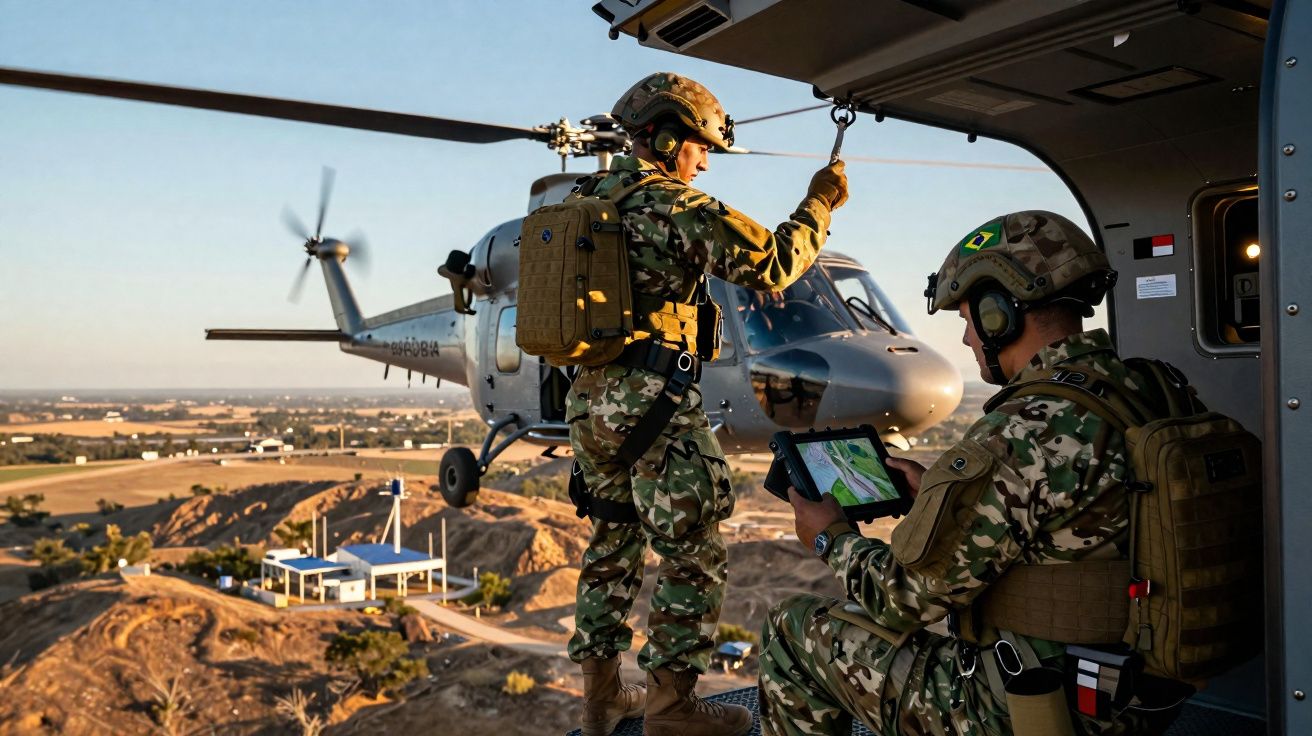 Dois soldados em uniforme camuflado realizam missão em helicóptero sobre área rural ao entardecer.