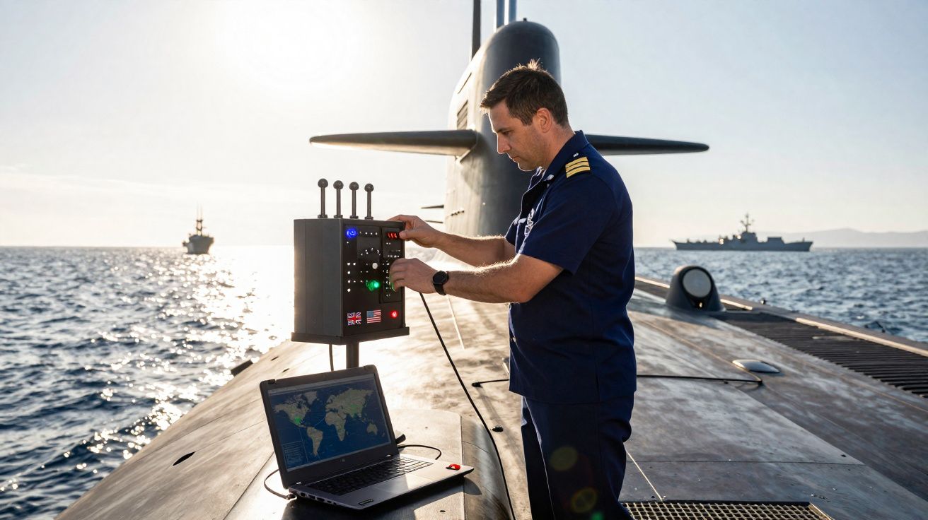Oficial em uniforme azul operando equipamentos eletrônicos em submarino no mar ao pôr do sol.