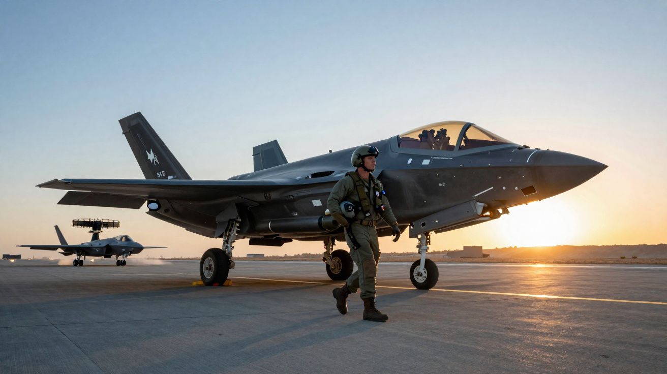 Caça F-35 com piloto caminhando na pista durante o pôr do sol em base aérea.