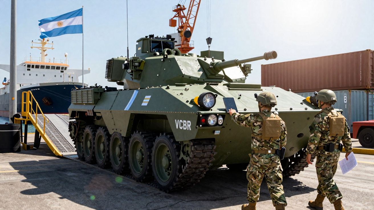Dois soldados argentinos inspecionam veículo blindado de combate perto de navio com bandeira da Argentina.