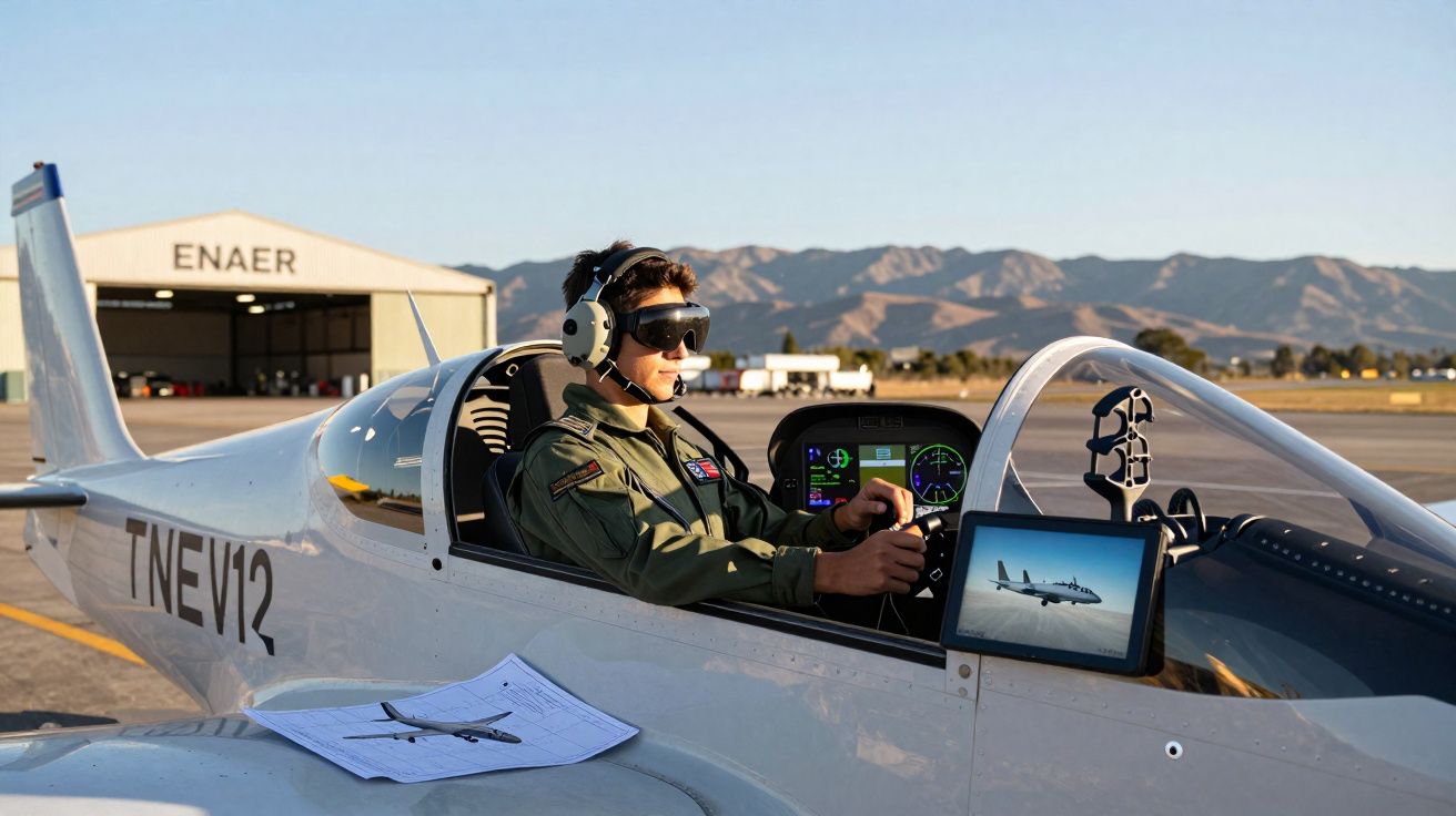 Piloto jovem com uniforme e óculos VR em simulador de voo no interior de avião pequeno em aeroporto ao entardecer.