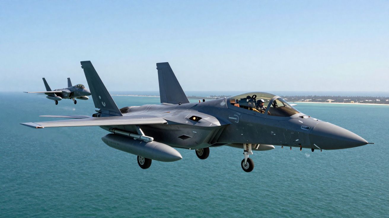 Dois caças militares voando baixo sobre o oceano com colete salva-vidas visível nos pilotos.