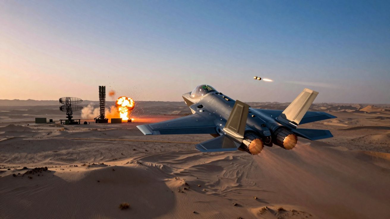 Caça-bombardeiro em voo sobre deserto observa míssil sendo lançado e explosão em alvo ao fundo.