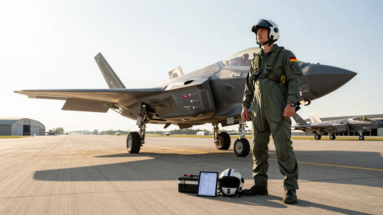 Piloto militar de aeronave de caça vestido com macacão verde em pista de aeroporto ao amanhecer.