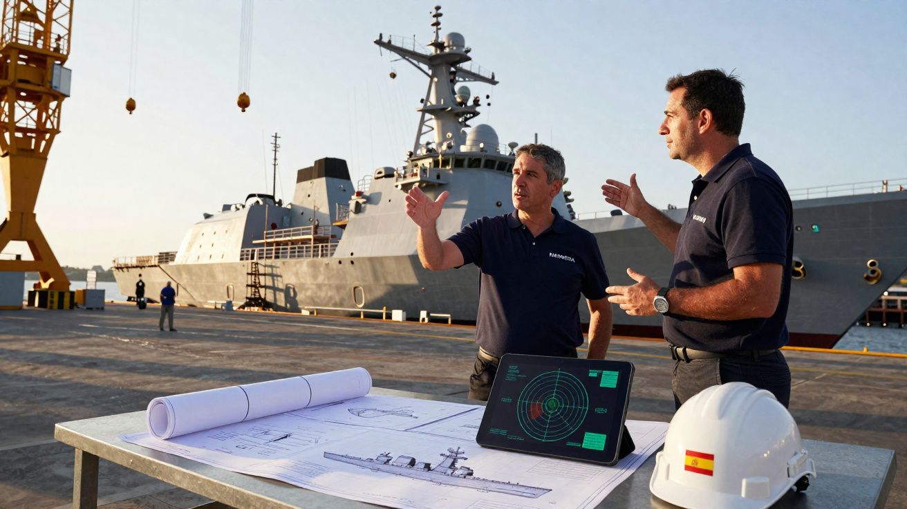 Dois homens discutem planos de projeto naval ao ar livre com navio militar ao fundo e tablet com radar na mesa.