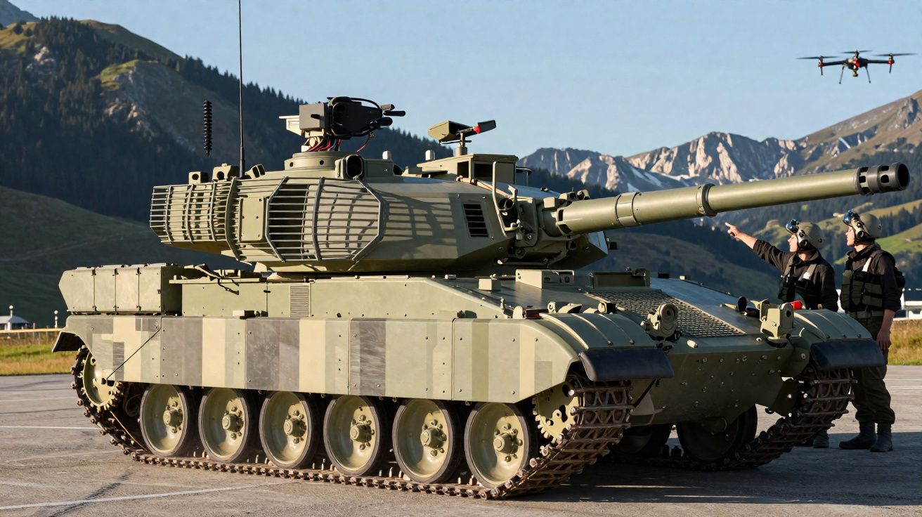 Tanque militar verde em destaque com dois soldados e um drone ao fundo em área montanhosa.