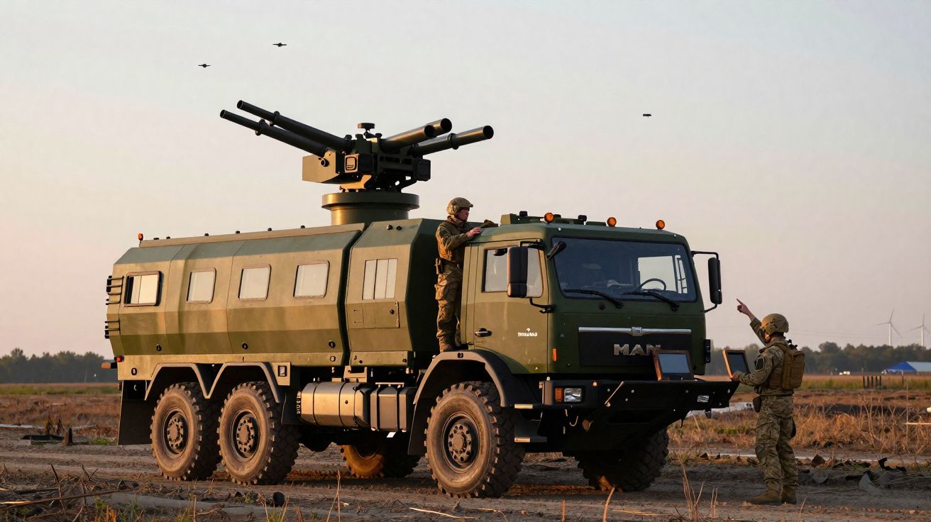 Caminhão militar verde com arma automática e soldados em campo aberto no entardecer.