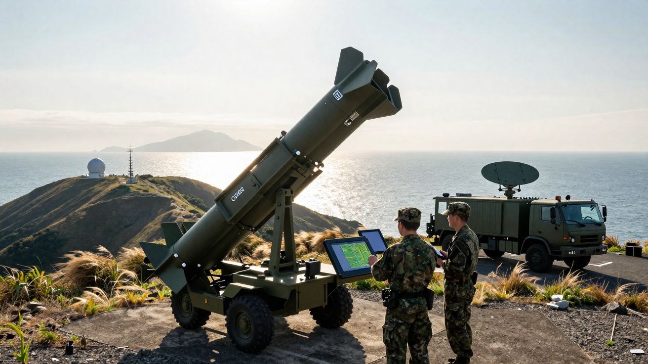 Soldados operam sistema de defesa antimísseis em área costeira com veículo e antena ao fundo.