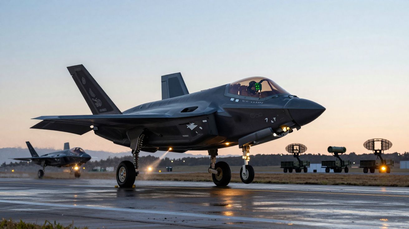 Dois caças militares stealth F-35 taxiando em pista ao entardecer com equipamentos de radar ao fundo.