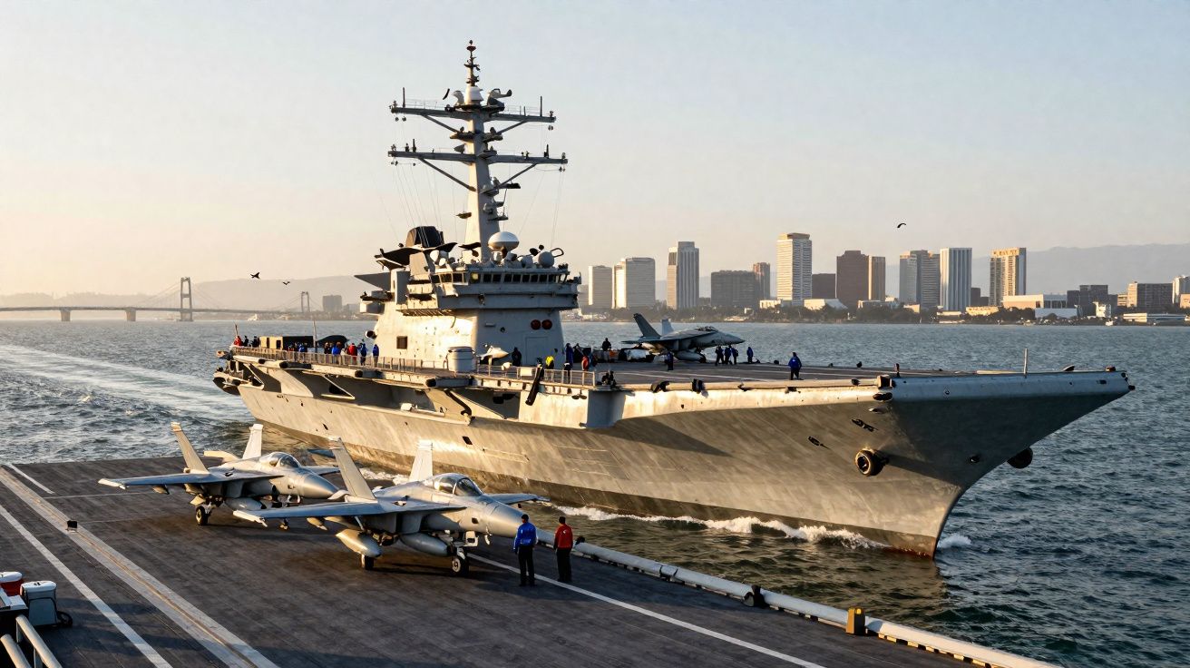 Porta-aviões militar navegando próximo a um píer com caças a jato no convés e cidade ao fundo.