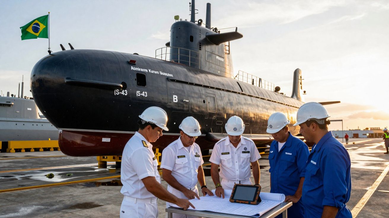 Cinco homens com uniformes e capacetes revisam documentos ao lado de submarino da Marinha do Brasil no cais.