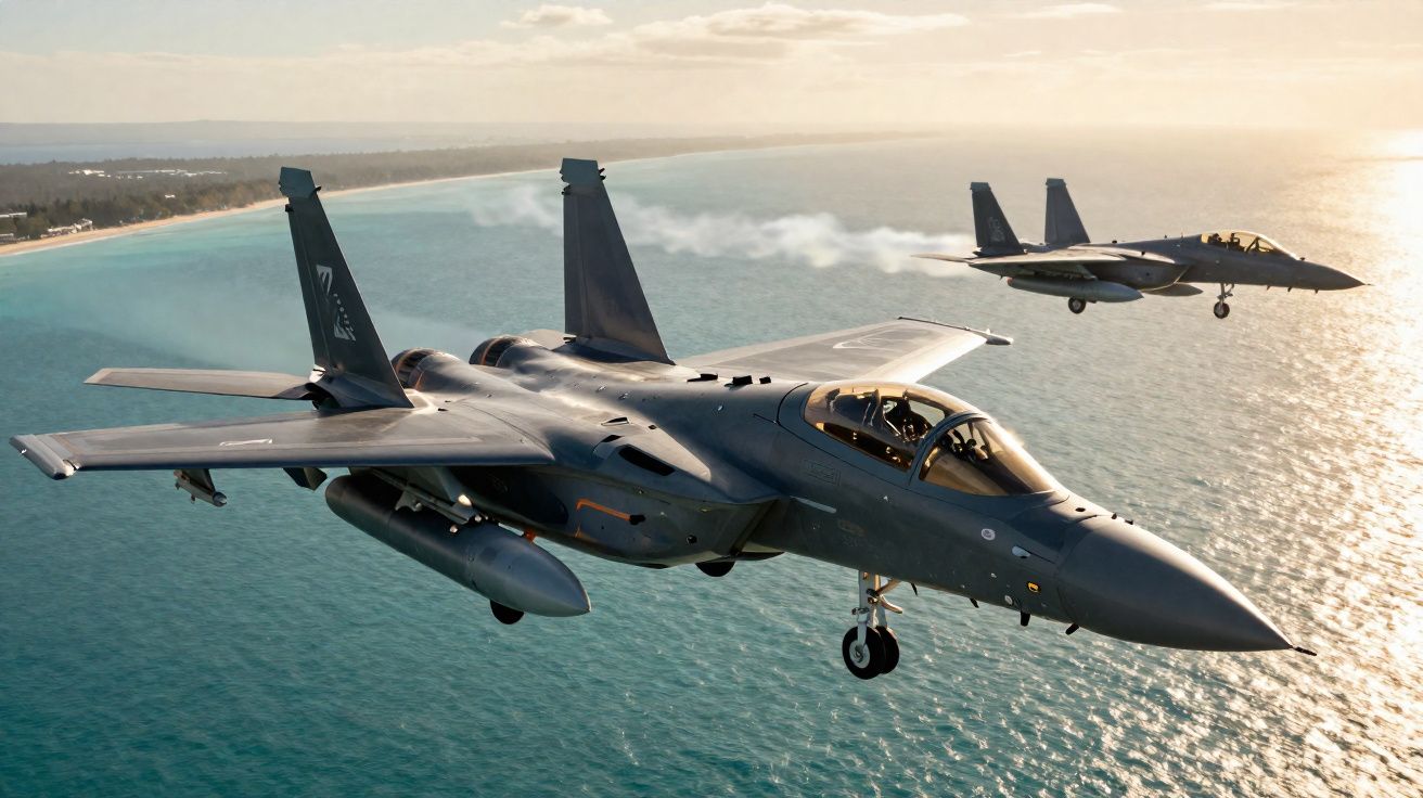 Dois caças militares voando sobre o mar com a costa ao fundo ao pôr do sol.