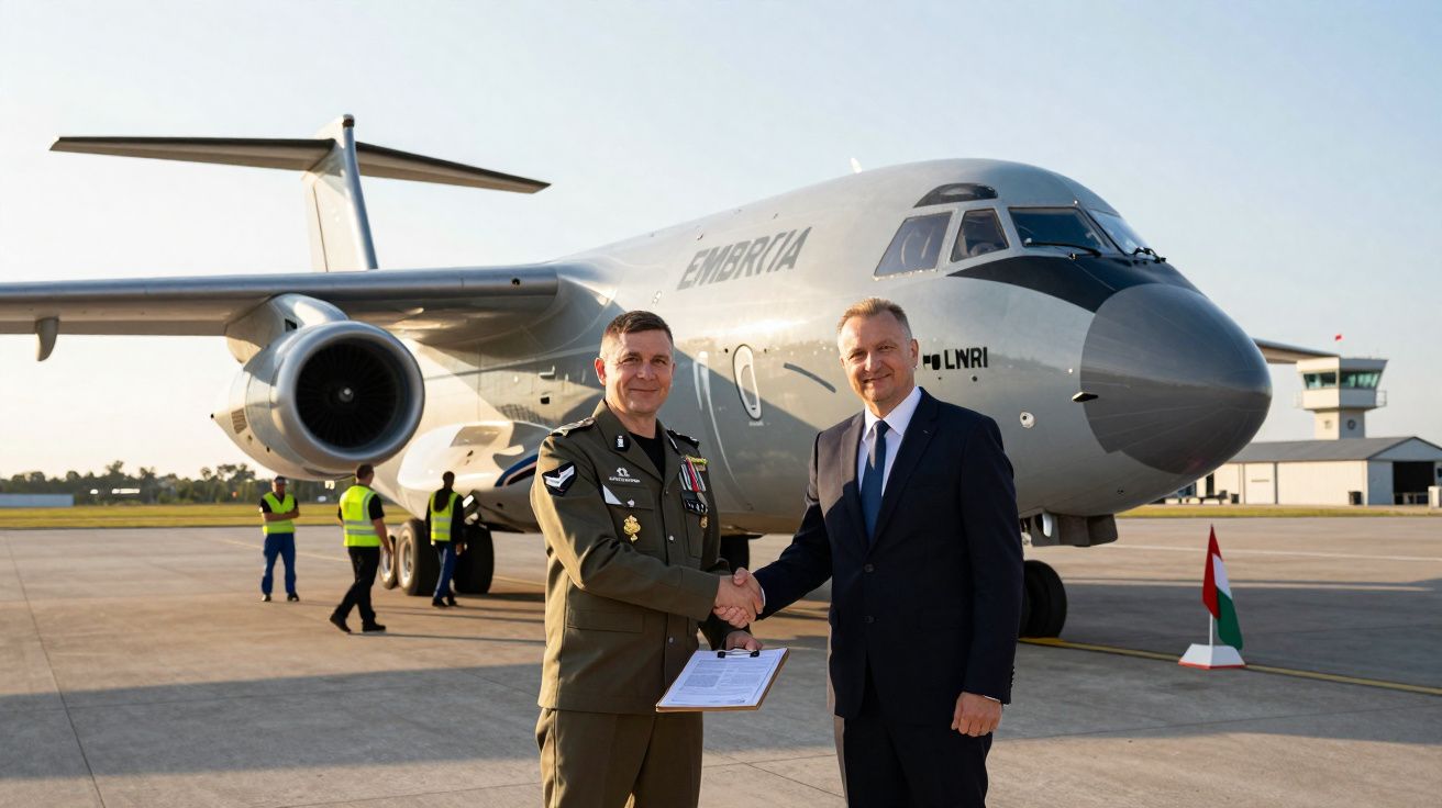 Oficiais cumprimentam-se em frente a avião militar Embraer em pista de aeroporto ao entardecer.