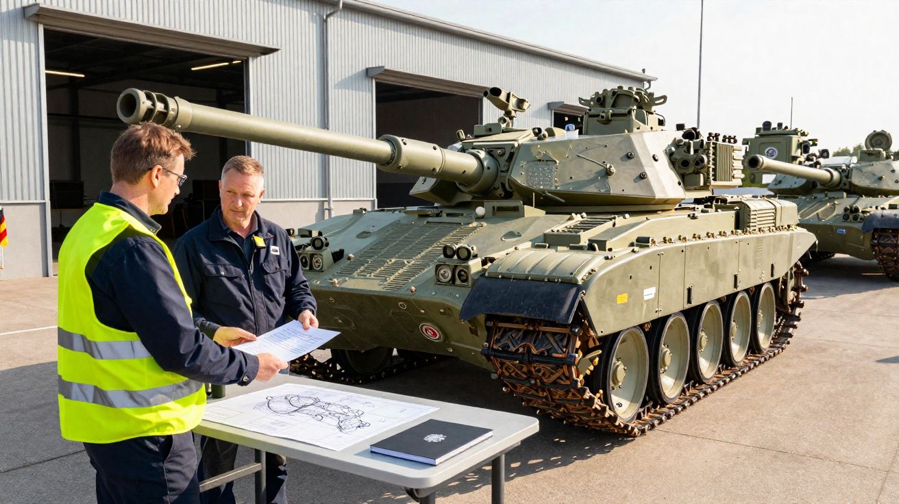 Dois homens conversam ao lado de um tanque militar verde em área industrial externa.