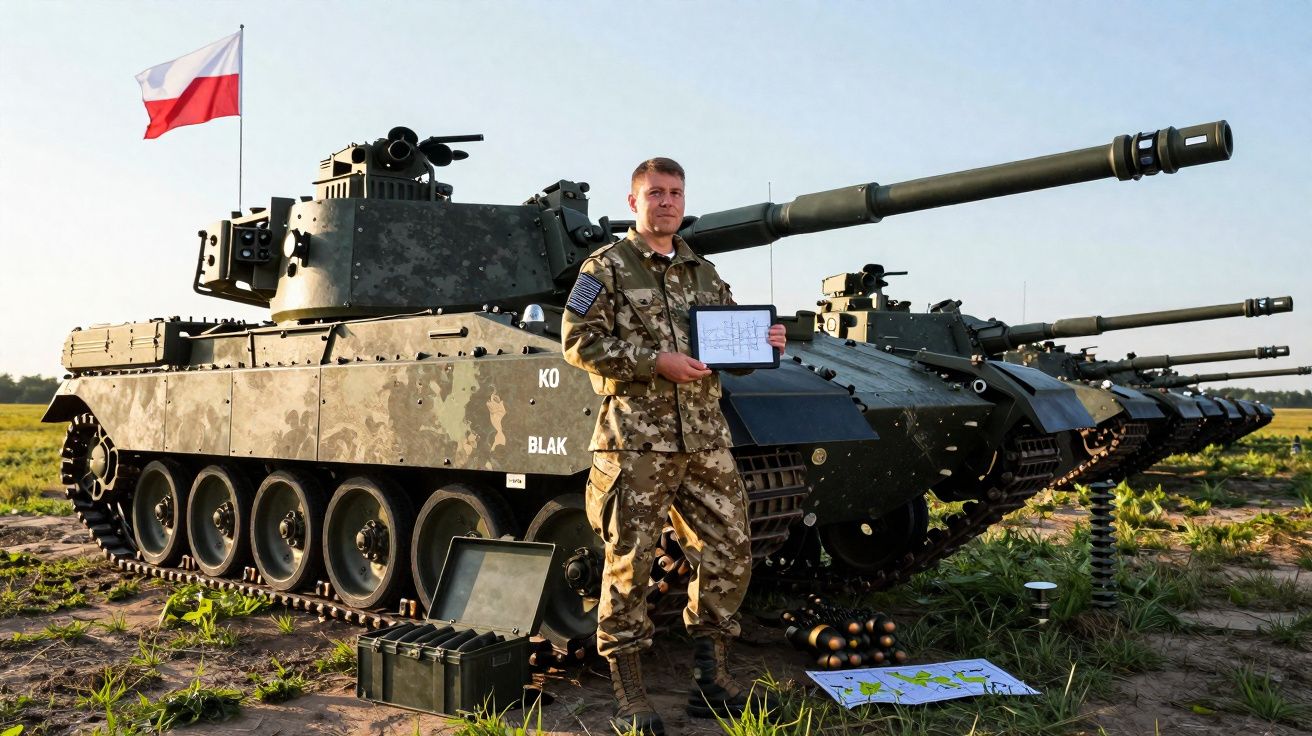 Soldado à frente de tanques militares camuflados estacionados em campo aberto com bandeira ao fundo.