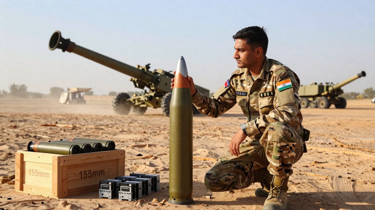 Soldado indiano em uniforme camuflado segura projétil ao lado de caixote com munição em área desértica.