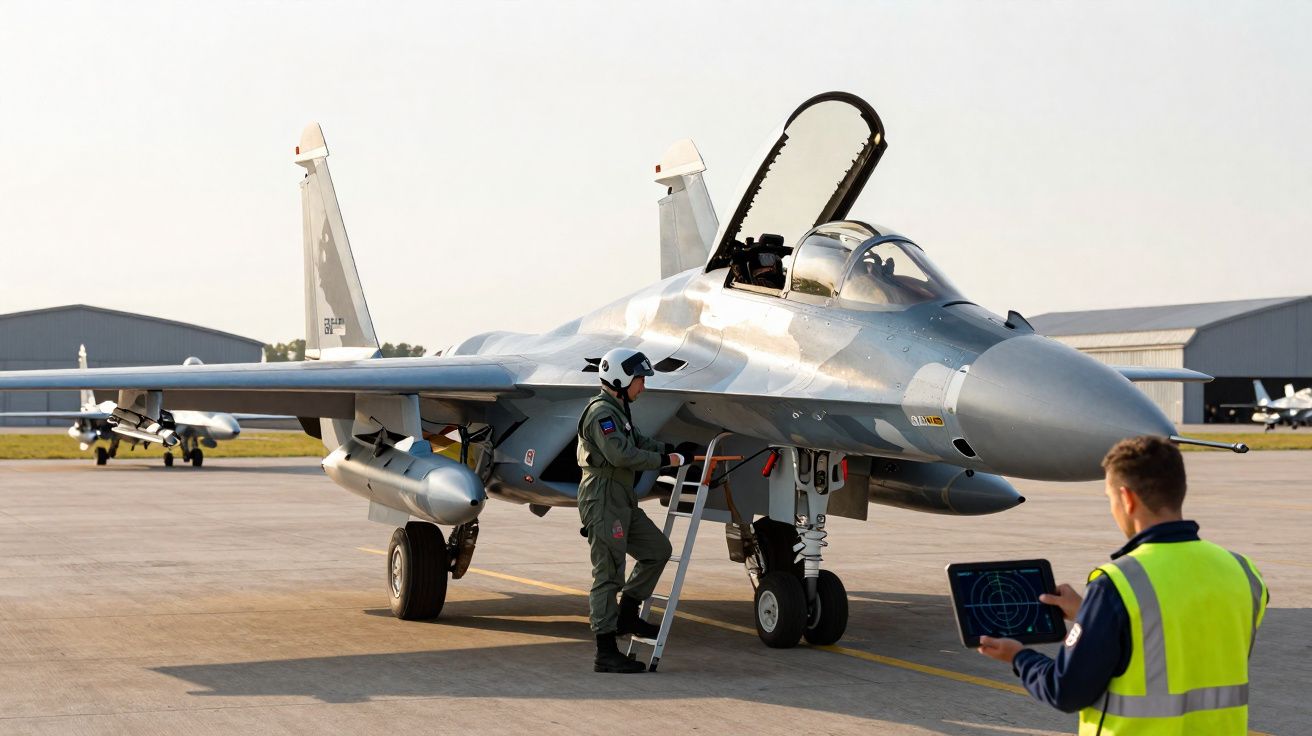 Caça militar estacionado com piloto subindo escada e técnico com tablet no aeroporto ao amanhecer.