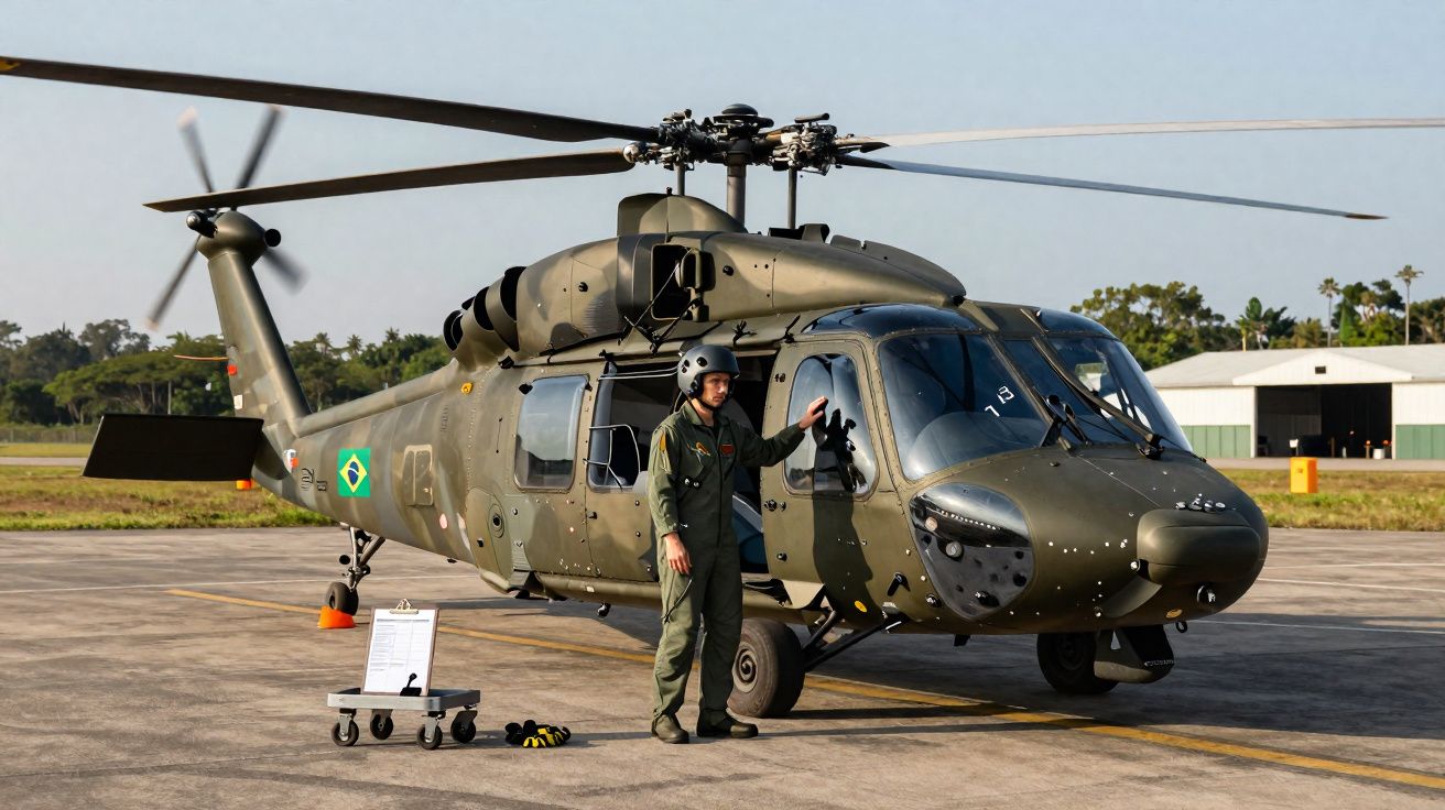 Helicóptero militar em solo com piloto fardado ao lado durante dia ensolarado.