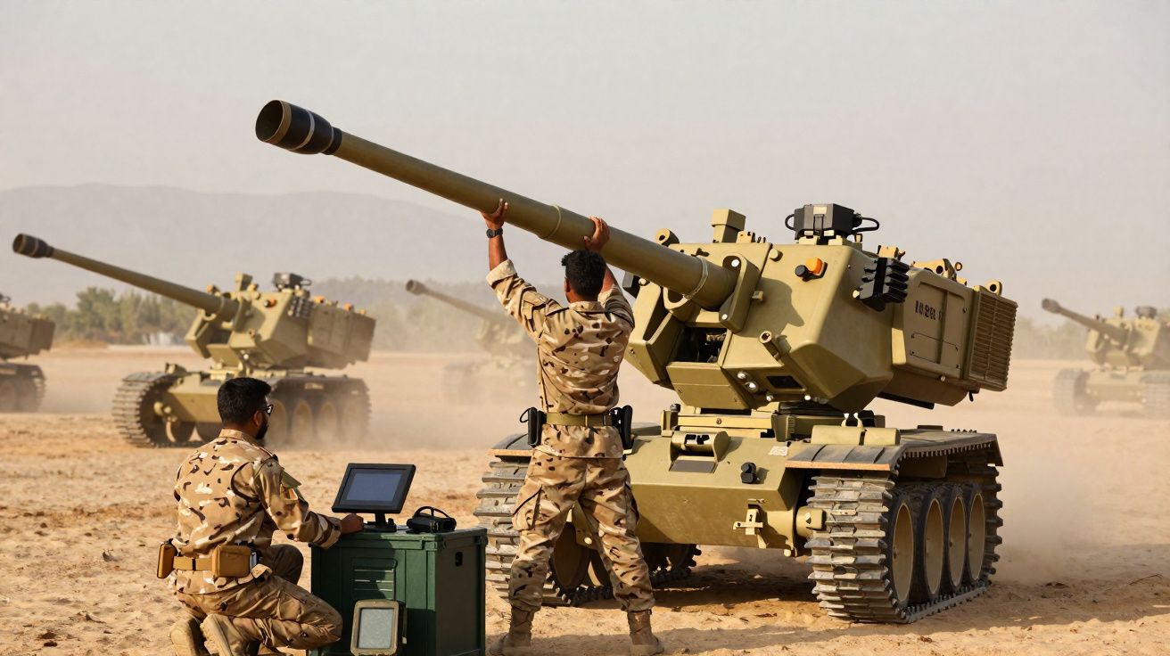 Soldados em uniformes camuflados operam artilharia autopropulsada em área desértica durante treinamento militar.