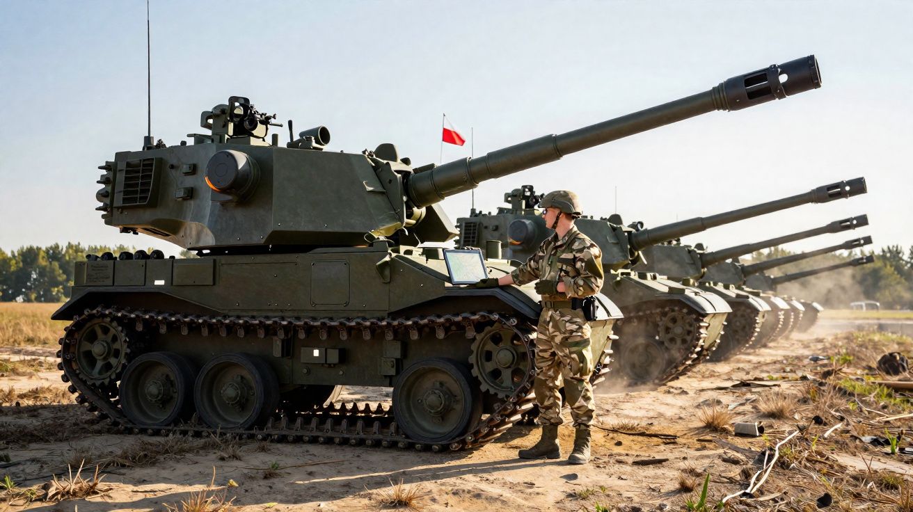 Soldado em uniforme militar verificando laptop próximo a linha de tanques de guerra verdes em terreno aberto.
