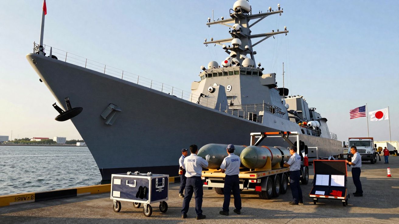 Marinheiros próximos a destróier militar carregando torpedos no cais com bandeiras dos EUA e Japão ao fundo.