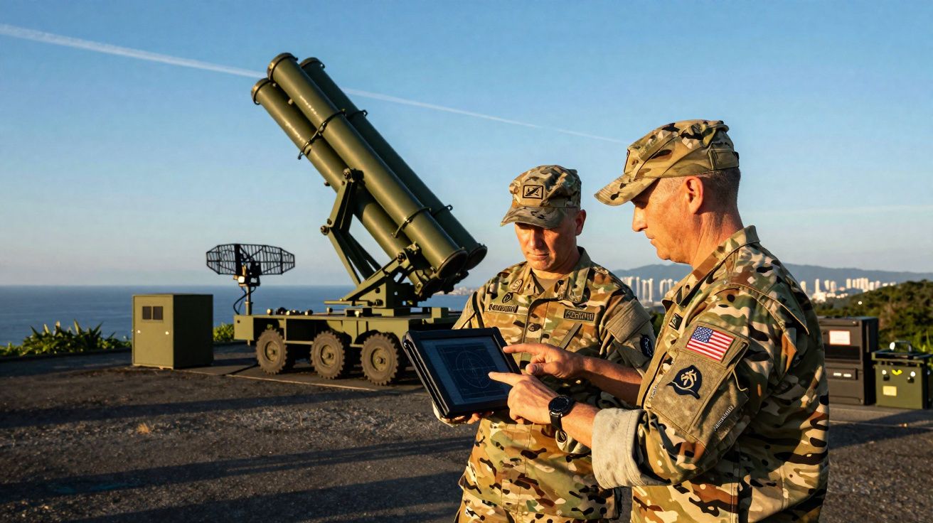 Dois soldados em uniforme camuflado consultam um tablet próximos a um sistema de foguetes em área externa.