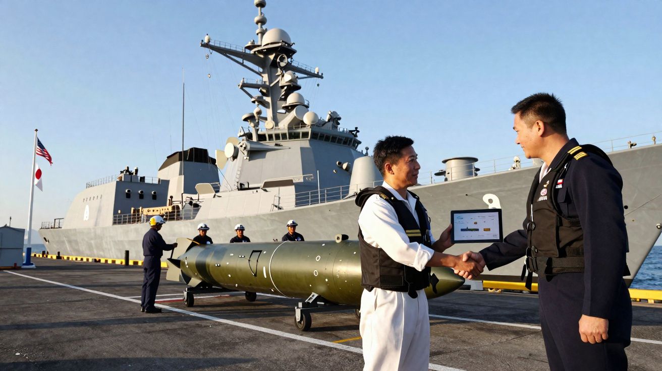 Dois oficiais navais se cumprimentam em frente a um navio de guerra atracado com torpedo ao fundo.