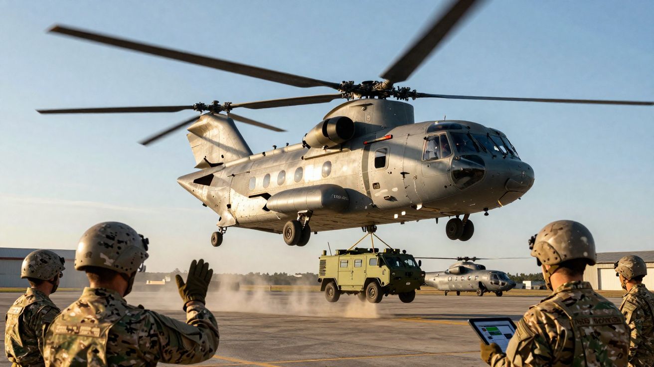 Helicóptero militar cinza içando veículo blindado com soldados em uniforme camuflado observando.