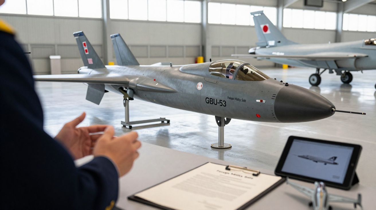 Modelo em escala de jato militar cinza sobre suporte em hangar com pessoa e tablet ao fundo.