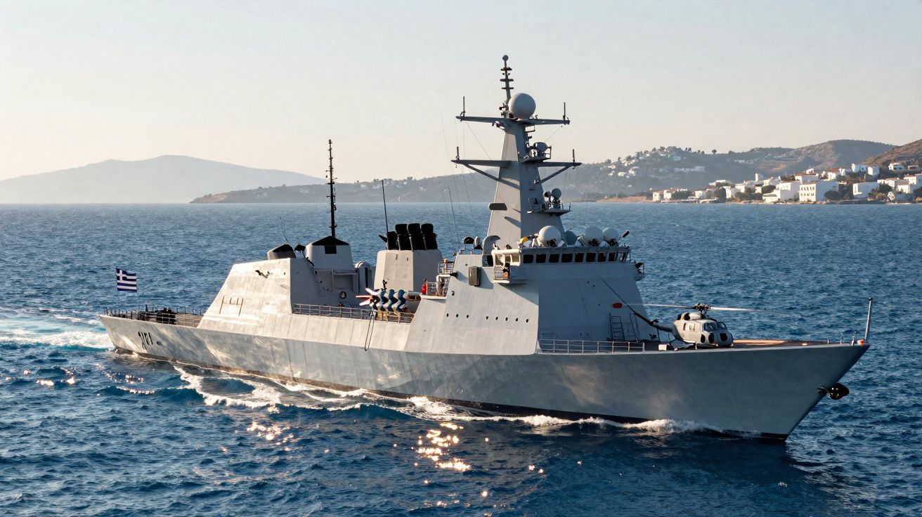 Fragata militar navegando em mar calmo com ilha ao fundo e bandeira da Grécia hasteada na popa.